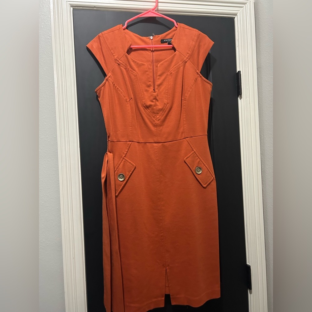 Sharagano Orange Sheath Dress with Notched Collar and Flutter Cap Sleeves